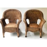 CONSERVATORY ARMCHAIRS, a pair, double woven cane with bow back, 71cm W.