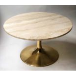 GOHANSEN SWEDEN TRAVERTINE LOW TABLE, circular marble top, raised upon conical gilt metal base,