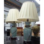 ALTFIELD CELEDON TABLE LAMPS, a pair, with shades, each 73.5cm H overall including shade.