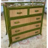 CHEST, 1970's French, green painted bamboo and rattan, two short over three long drawers,