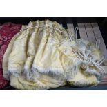 CURTAINS, two pairs, yellow damask with attached pelmets, lined and interlined,
