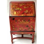 BUREAU, 1930's gilt Chinoiserie scarlet lacquered with fall front,