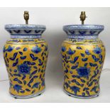 TABLE LAMPS, a pair, Chinese blue and yellow glazed ceramic, 50cm H.