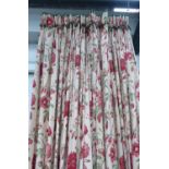 CURTAINS, two pairs, floral, lined and interlined, each curtain, 105cm gathered x 305cm Drop.