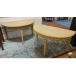 DEMI LUNE CONSOLE TABLES, a pair,