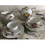 HEREND TEA FOR TWO, Hungarian hands painted 'Fruit and flowers', approx 10 pieces.