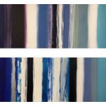 20TH CENTURY SCHOOL 'Abstracts in Blue', acrylic on canvas, 51cm x 121cm each panel, dyptych.