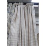 CURTAINS, two pairs in a checked fabric, lined, each curtain 97cm gathered x 244cm Drop.