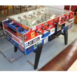 GARLANDO RED WHITE AND BLUE COIN OPERATED TABLE FOOTBALL, covered in pop culture stickers,