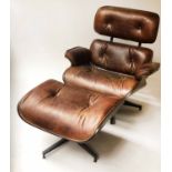 AFTER CHARLES AND RAY EAMES LOUNGER, tanned leather upholstery, 84cm.