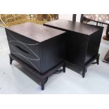 SIDE CHESTS, a pair, contemporary ebonised finish with polished metal details, 85cm x 47.5cm x 66cm.