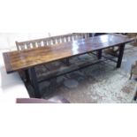 FARMHOUSE DINING TABLE, vintage fruitwood top on later industrial steel supports,