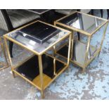 SIDE TABLES, a pair, Hollywood Regency style, bevelled glass and gilt frames, 45cm x 45cm x 55cm.