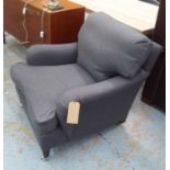GEORGE SMITH ARMCHAIR, with charcoal wool upholstery on castors, (bears plaque), 84cm W.