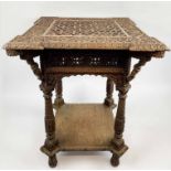 LAMP TABLE, Indian circa 1890, finely carved hardwood, bearing importers plaque for 'Walsh & Co.