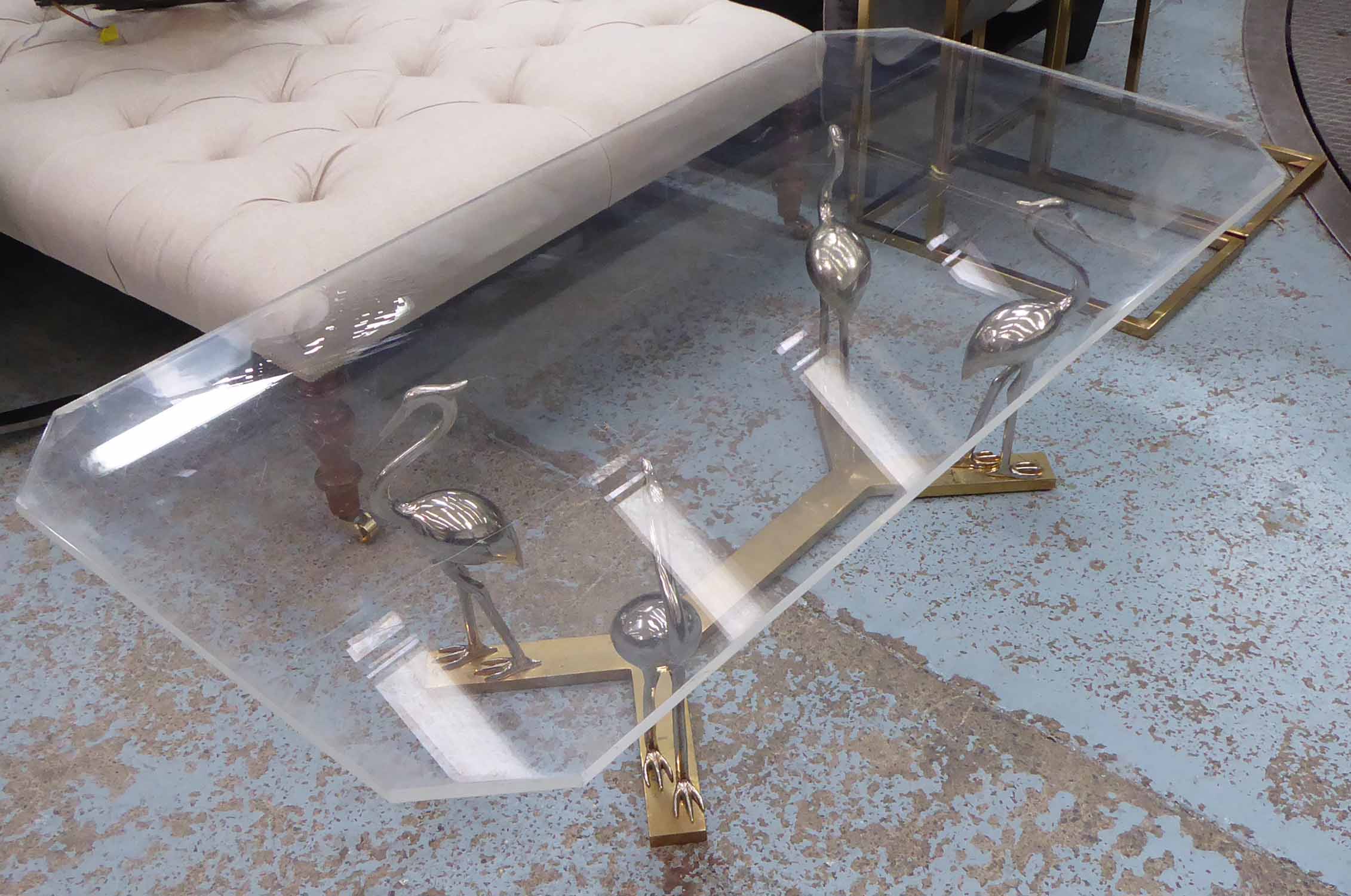 FONDICA CO ART, Crane table, with perspex top, 120cm x 60cm x 36cm.