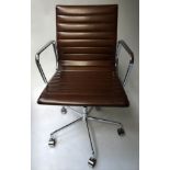 REVOLVING DESK CHAIR, Charles and Ray Eames style, hand finished leaf brown leather,
