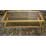 LOW TABLE, brass with two rectangular tinted glass tiers, 39cm H x 110cm W x 65cm D.