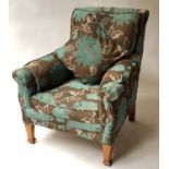 ARMCHAIR, Edwardian scroll arms with seat and back cushions in silky blue upholstery.