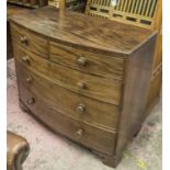 BOWFRONT CHEST, Regency mahogany with two short over three graduated drawers on bracket supports,