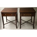 BEDSIDE/LAMP TABLES, a pair, George III design burr walnut each with frieze drawer and X stretcher,