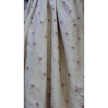 CURTAINS, a pair, floral silk, lined and interlined, each curtain 105cm W gathered x 217cm Drop.