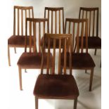 G PLAN DINING CHAIRS, a set of six, teak slatted tapering backs and brown velvet, 92cm H.