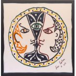 JEAN COCTEAU 'Two Profiles', silk, signed in plate, 82cm x 80cm, glazed and framed.