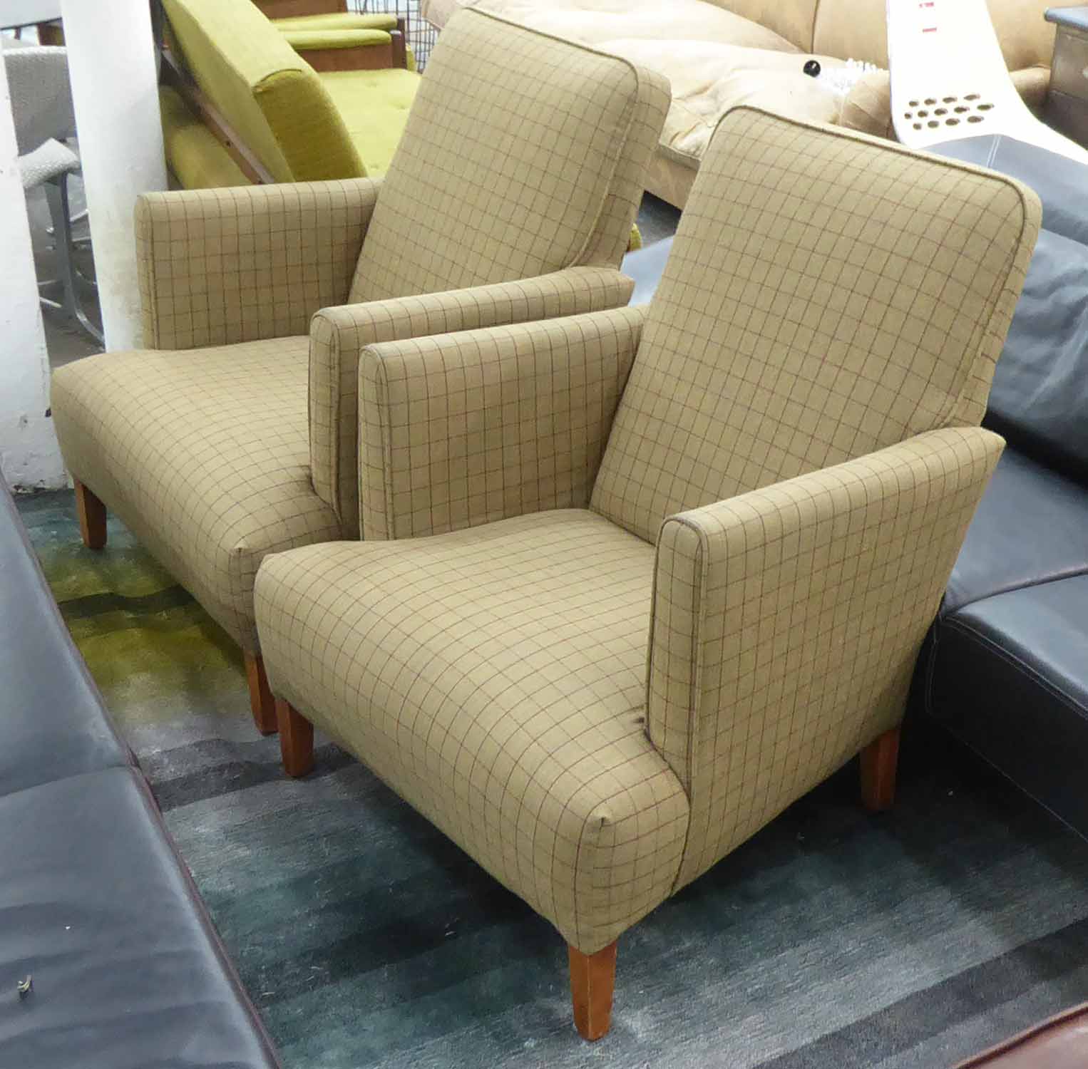 ARMCHAIRS, a pair, each with gold and red checked upholstery, 78cm W x 91cm H.