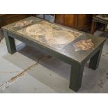 LOW TABLE, green painted and decorated with a crackled finish old world map top,