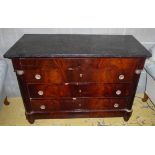 COMMODE, French Empire early 19th century mahogany with a grey marble top above four long drawers,
