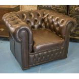 CHESTERFIELD ARMCHAIR, buttoned dark brown leather with cushion seat, 105cm W.