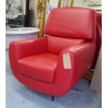 SWIVEL ARMCHAIR, contemporary design, red leather finish, 85cm W.