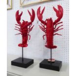 LOBSTERS ON STANDS, a pair, stylised polychrome finish, 58cm Tall (2).