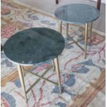 SIDE TABLES, a pair, Hollywood Regency style with circular green marble tops on gilt metal legs,