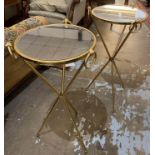 SIDE TABLES, a pair, 1950's Italian inspired design gilt metal with circular mirrored tops,