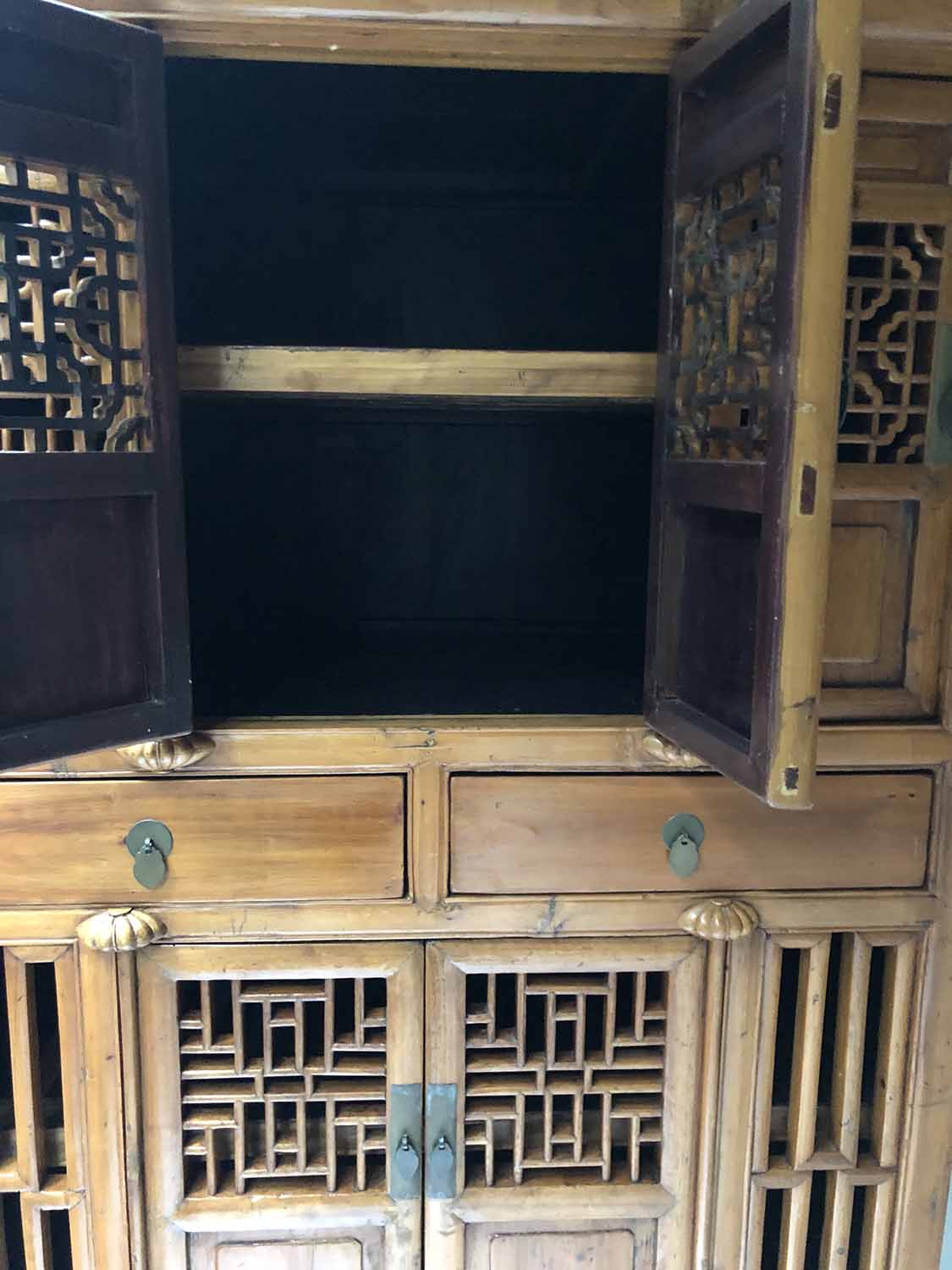 CHINESE CABINET, early 20th century pierced firwood with six doors shelves and stile supports, - Image 2 of 3