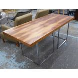 HOME OFFICE WRITING TABLE, rectangular well figured walnut raised upon L shaped chromed supports,