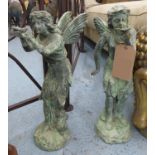 GARDEN FAIRIES, a pair, cast iron verdigris finish, 49cm H.