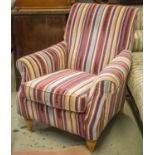 ARMCHAIR, purple and cream striped velvet with cushion seat on beech feet, 87cm W.