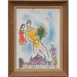 MARC CHAGALL 'Couple with Bouquet', 1981, off set lithograph, 32cm x 23cm, framed and glazed.