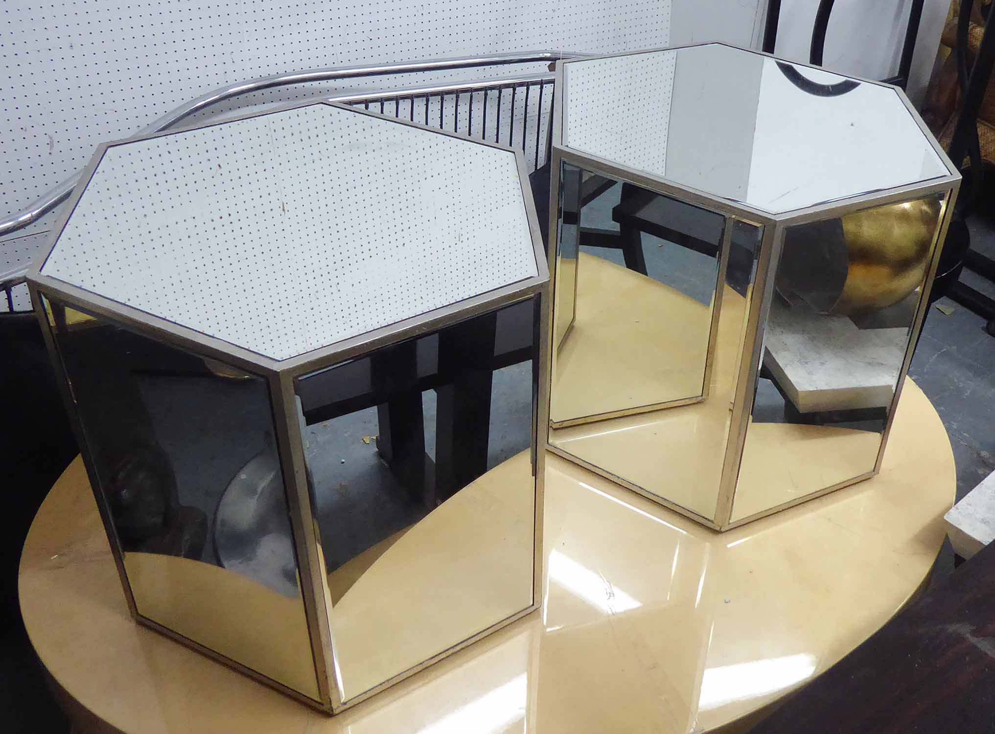 HEXAGONAL MIRRORED OCCASIONAL TABLES, a pair, 58cm x 50cm H x 50cm. - Image 2 of 2