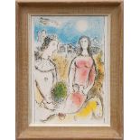 MARC CHAGALL 'Couple at Twilight', 1981, off set lithograph, 32cm x 23cm, framed and glazed.