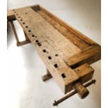 WORK BENCH, mid 20th century German, beech and hardwood, with vice and holes,