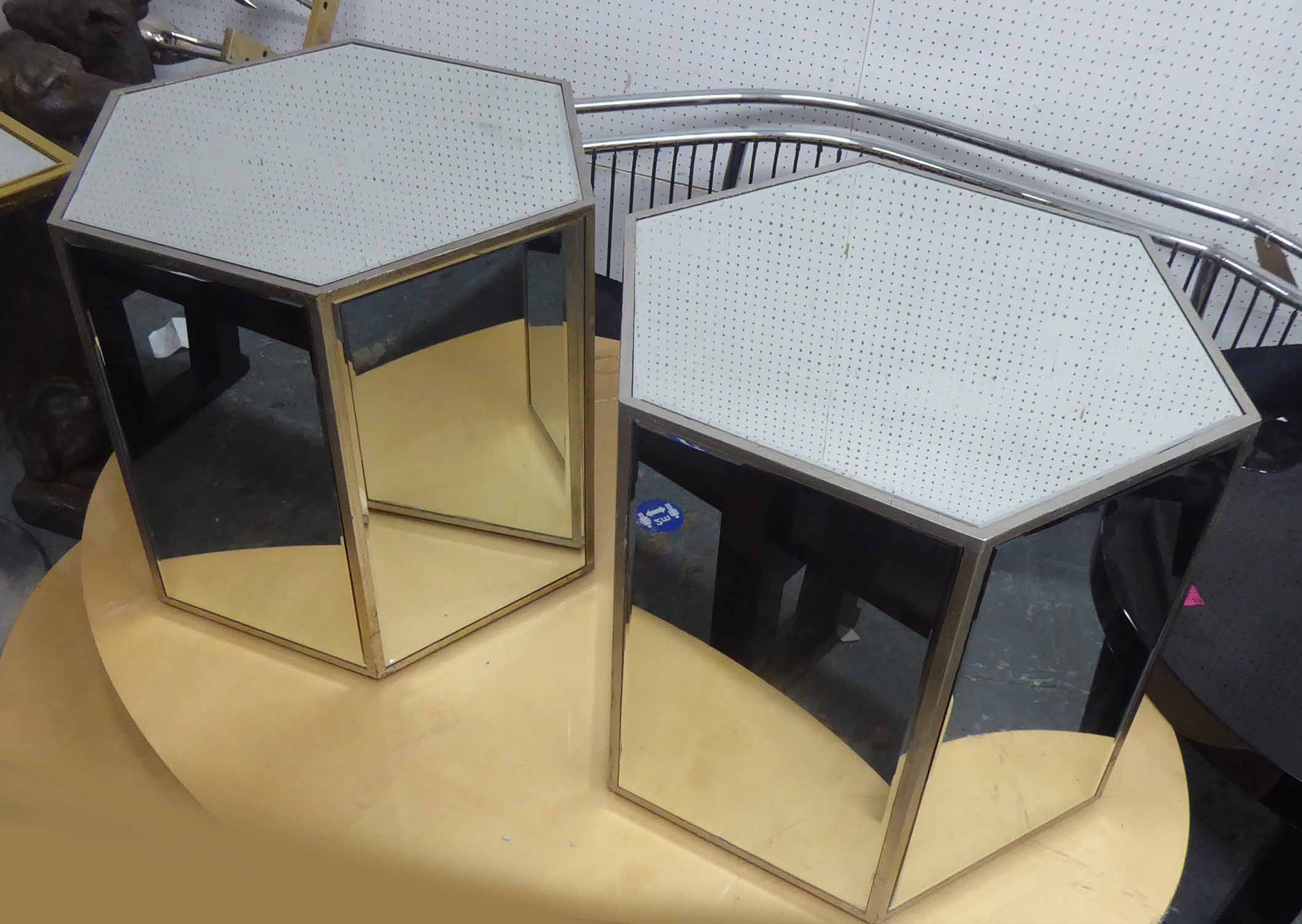 HEXAGONAL MIRRORED OCCASIONAL TABLES, a pair, 58cm x 50cm H x 50cm.