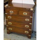 CAMPAIGN STYLE BACHELOR'S CHEST, mahogany and brass bound with foldover top above a shallow,