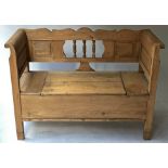 SETTLE, vintage Swedish style, pine, with scroll arms and lift up seat, 123cm W.