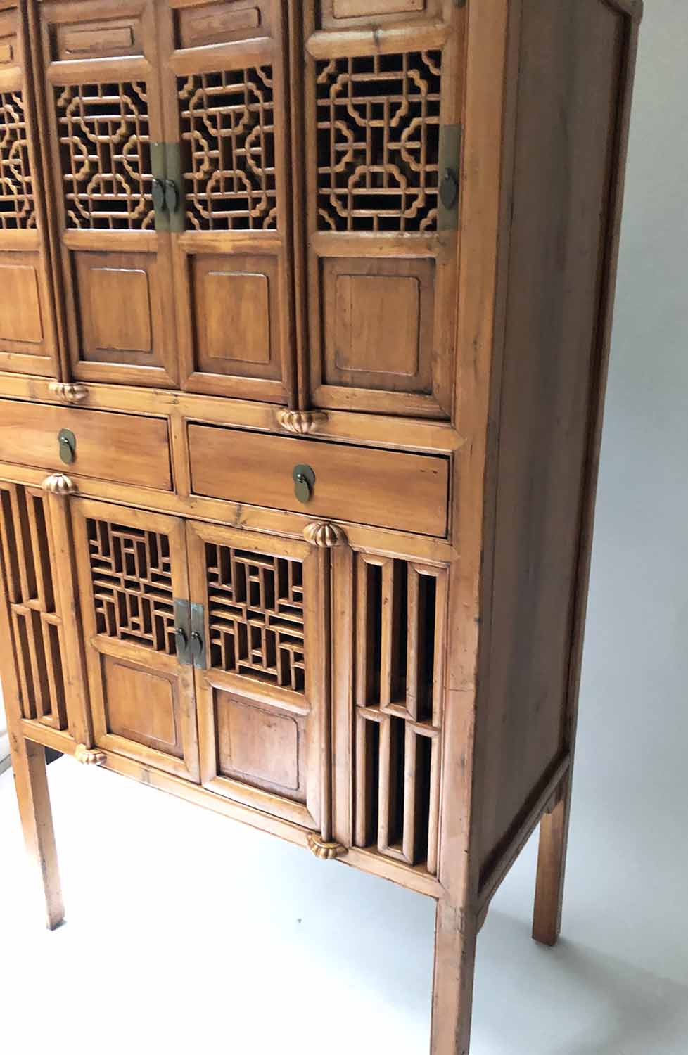 CHINESE CABINET, early 20th century pierced firwood with six doors shelves and stile supports, - Image 3 of 3