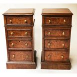 BEDSIDE CHESTS, a pair, 19th century adapted burr yew each with four drawers and plinth,