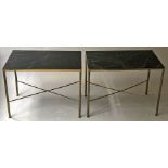 LAMP TABLES, a pair, 1970's, gilt metal frame with rectangular variegated green marble top,